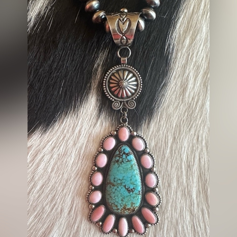 Navajo Myron Etsitty Pink Conch & Turquoise Sterling Silver Pendant